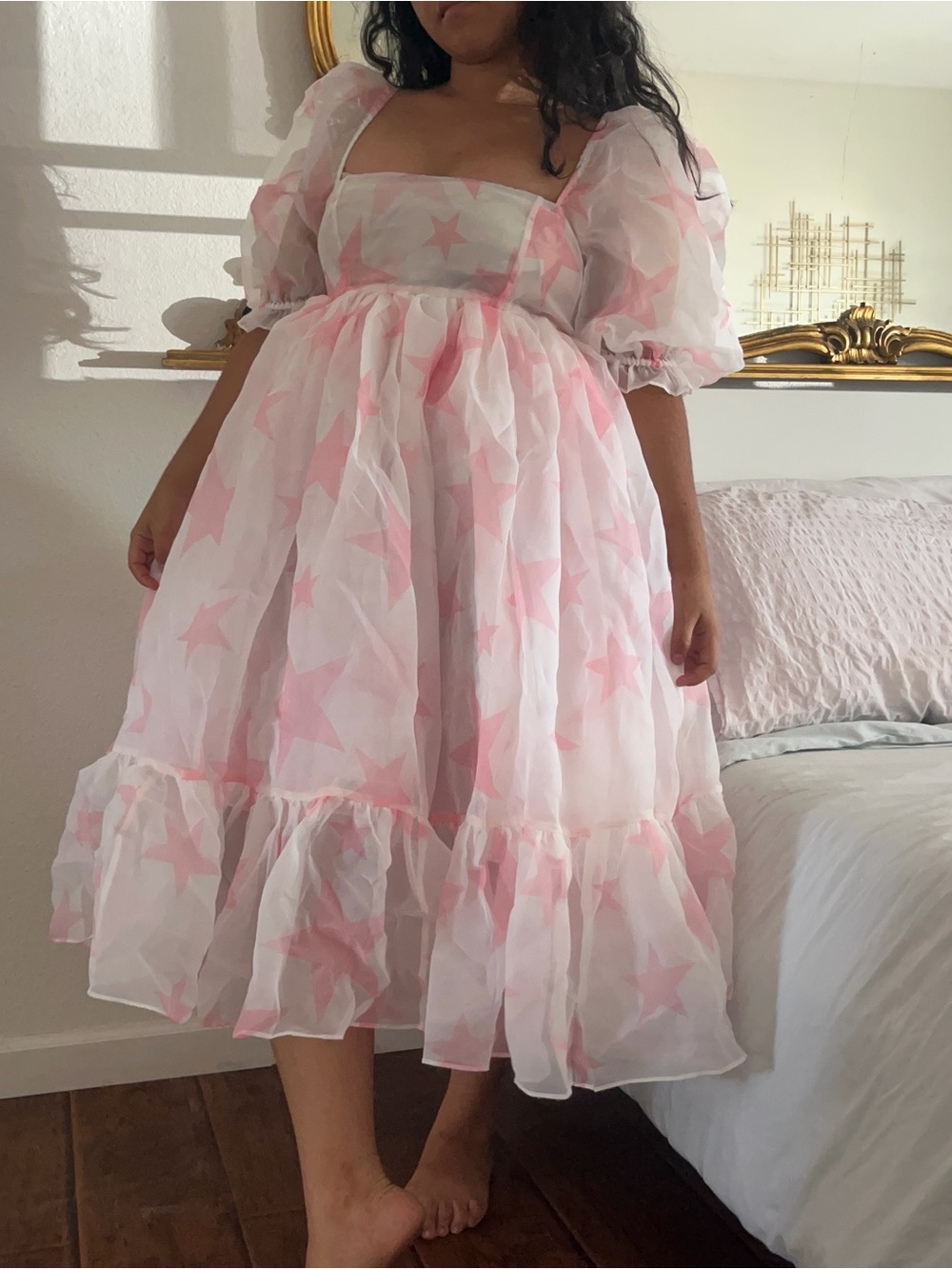 Selkie Pink Star Puff-Sleeve Midi Dress